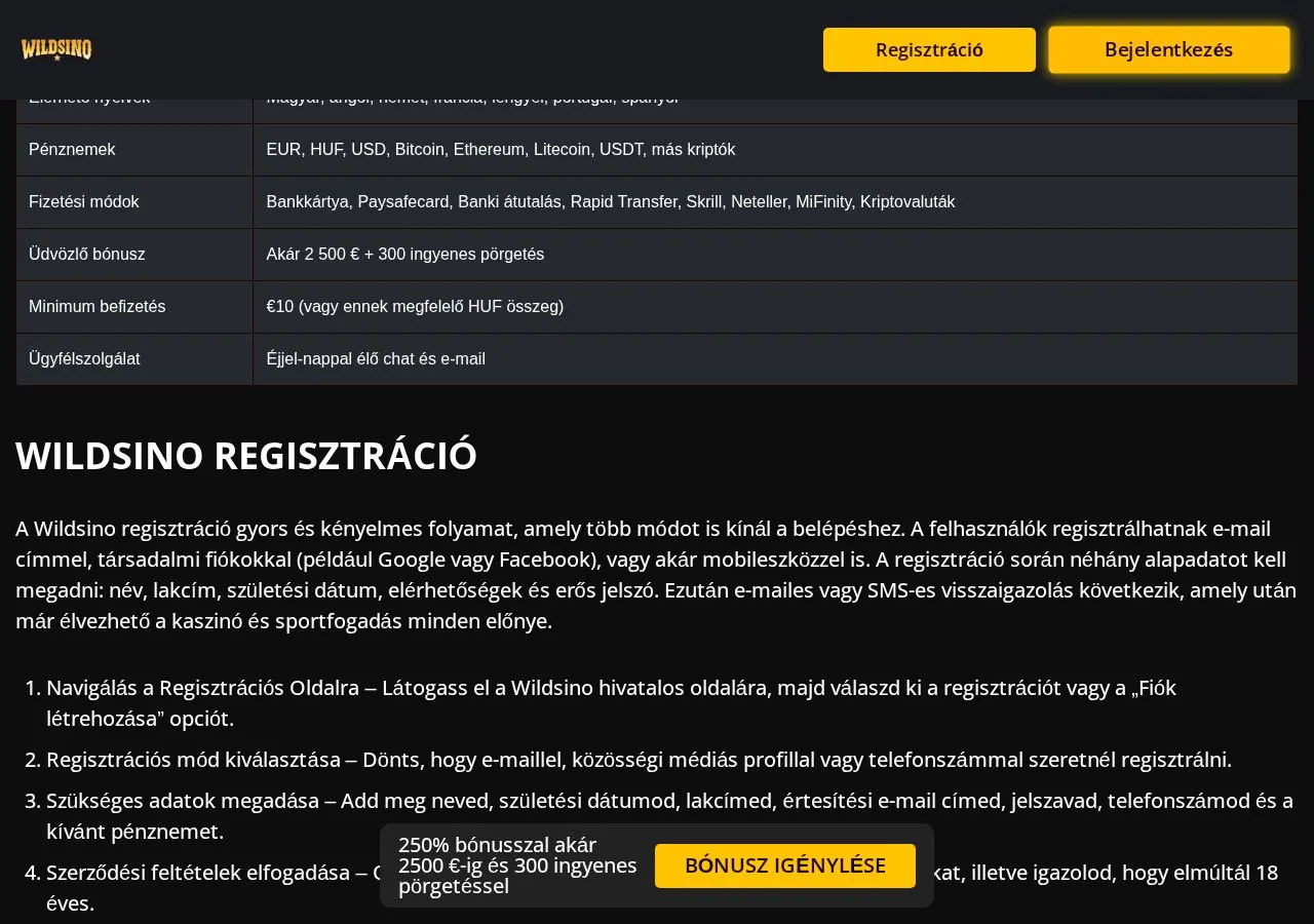 Wildsino: Startseite, unterer Bereich